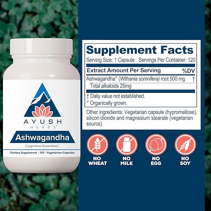 Ayush Herbs Ashwagandha Capsules - Ashwagandha for Men & Women, Ashwagandha Supplements, Pure Ashwagandha Root Powder for Stress, 500mg per Pill - 120 Vegetarian Caplets (1 Count)