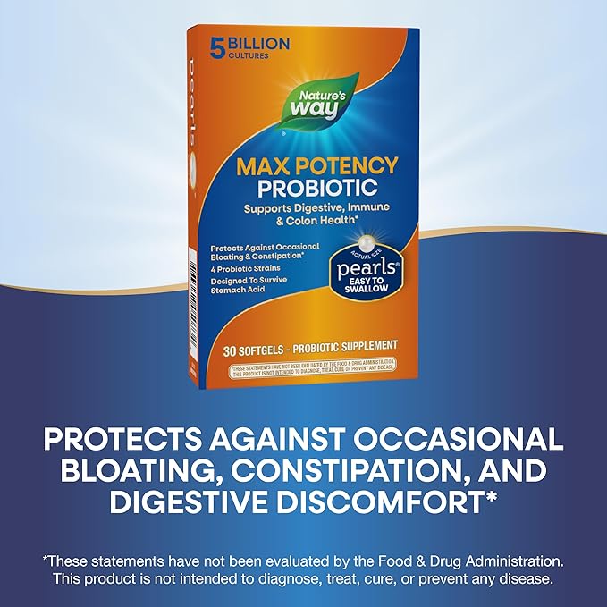 Nature's Way Max Potency Probiotic Pearls for Men and Women, Supports Digestive, Immune, Colon Health*, 5 Billion Live Cultures, No Refrigeration Required, 30 Softgels (Packaging May Vary)
