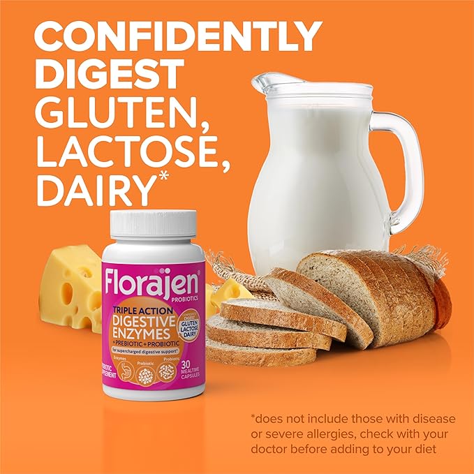 Florajen Digestive Enzymes with Probiotics and Prebiotics for Women and Men - Digestive Health, Gut Relief & Bloating - Triple Action Formula - 30ct
