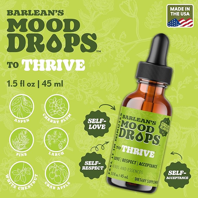 Barlean's Mood Booster Supplement, Thrive Liquid Drops Supplements, Ashawagandha, L Theanine, and Lion's Mane Extract, Adaptogen Herbs Drops, 1.5 oz