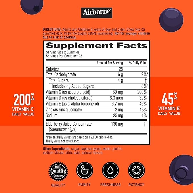 Airborne KIDS Elderberry + Zinc & Vitamin C Gummies, Kids Immune Support with Powerful Antioxidants Vit D & E - 50 gummies, Elderberry Flavor