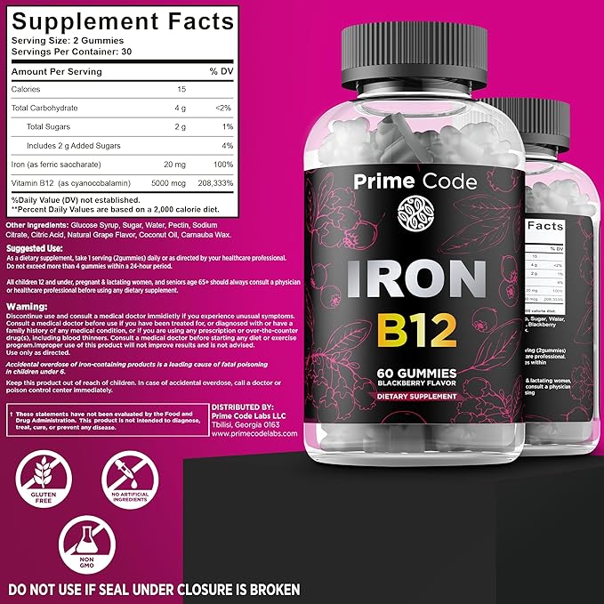 Prime Code Iron Gummies for Women & Men with Vitamin B12, Liquid Vitamin B1 Drops with Vitamin B3 B6 & B12, Liquid Vitamin A Supplement for Women & Men with Vitamin C E and D3