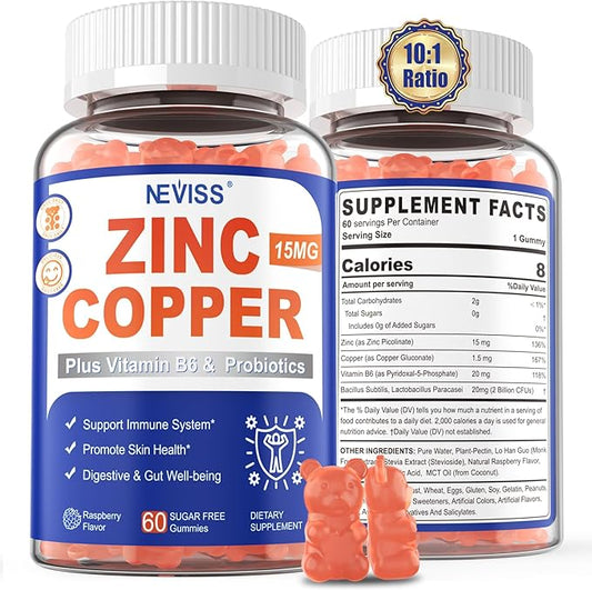 Zinc Gummies with Copper + Probiotics, Vitamin B6 for Max Absorption, Zinc Supplements for Men and Women, Two Essential Minerals Balance Formula for Immunity and Gut Health, Vegan, Non-GMO, 60 Cts