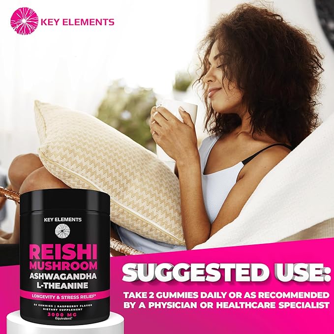 Natural Reishi Mushroom Gummies & L Theanine with Ashwagandha - Potent Mushroom Supplements for Immune Support, Stress Relief & Improve Sleep Gummies - Ashwagandha Gummies for Women & Men