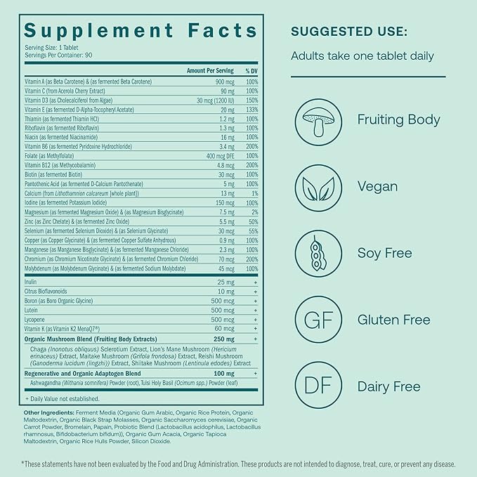 True Grace Men's 40+ One Daily Multivitamin Fermented Minerals, Organic Adaptogens & Mushrooms Whole Body Balance Immune, Endurance, Bone & Heart Support Supplement - Non-GMO - 90 Vegetarian Tablets