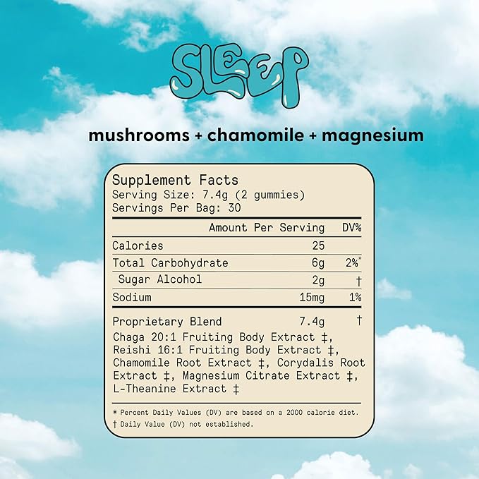 Sleep Gummies for Adults - Mushroom Supplement with Magnesium Citrate, L-Theanine, Chaga, Reishi & Chamomile for Deep Sleep, REM & Detox - Vegan & Sugar-Free - 60 Gummies (30 Servings)