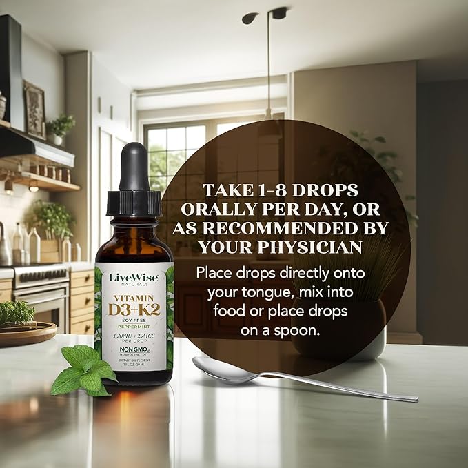 LiveWise Naturals Vitamin D3 with K2 Liquid Drops, All Natural, Non-GMO, USA Made, 1208 IU Vitamin D3 & 25 mcg K2, Supports Bone Health and Energy Levels, Infused with Peppermint, Olive, and MCT Oil