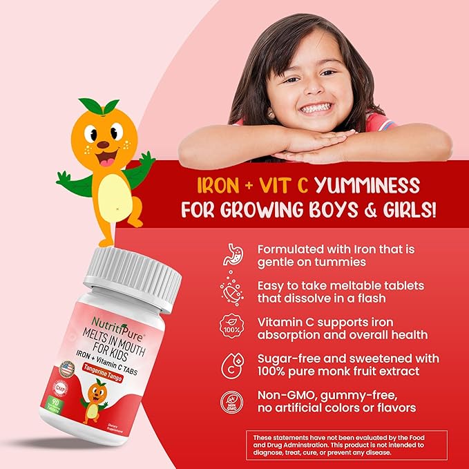Chewable Iron Supplements for Kids (Ferronyl®/Carbonyl Iron 9 mg with Vitamin C 30 mg) Tablet in Tangerine Tango Orange Flavor Kids Iron Supplement 90 Count (2 Bottles)
