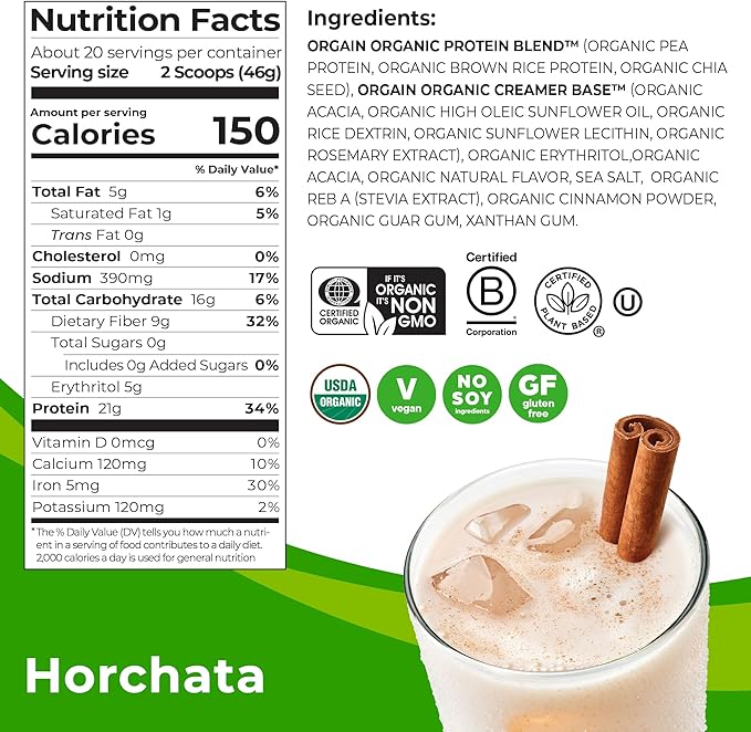 Orgain Organic Vegan Protein Powder, Horchata - 21g of Plant Based Protein, Low Net Carbs, Gluten Free, Lactose Free, No Sugar Added, Soy Free, Kosher, Non-GMO, 2.03 Lb