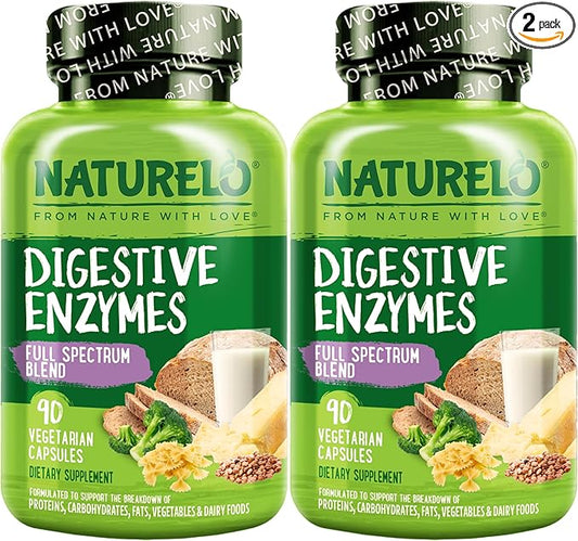 NATURELO Digestive Enzymes - Full Spectrum Support with a Broad Blend of 15 Enzymes Plus Ginger - 180 Vegan Capsules