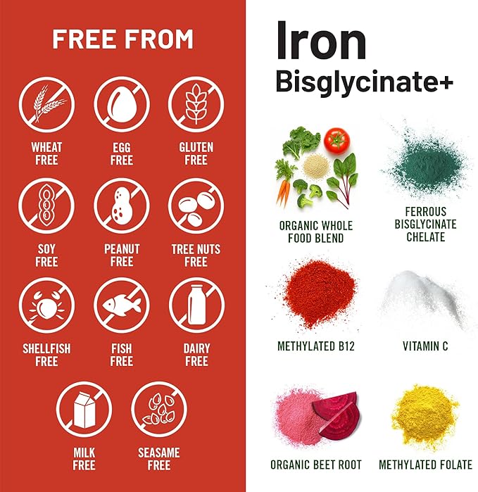 NatureWise Vegan Iron Supplement for Women & Men - Gentle on Stomach High Absorption - Coated Iron Bisglycinate Tablets + Vitamin C, Methyl B12, Folate & Organic Food Blend - 90 Tablets[90-Day Supply]