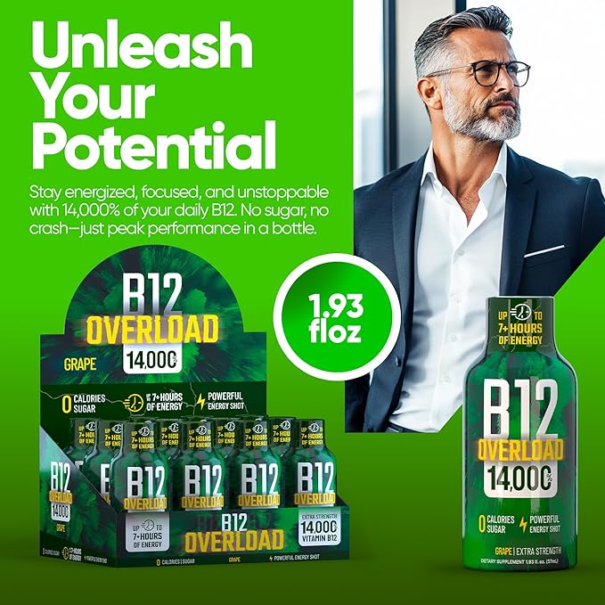 B12 Overload Extra Strength Energy Shot – Grape – 260mg Caffeine, 14000% B12, Electrolytes – Energy & Vitality Support – Zero Sugar No Calories – Vegan, Kosher, Gluten-Free – 1.93 fl oz, 10-Pack