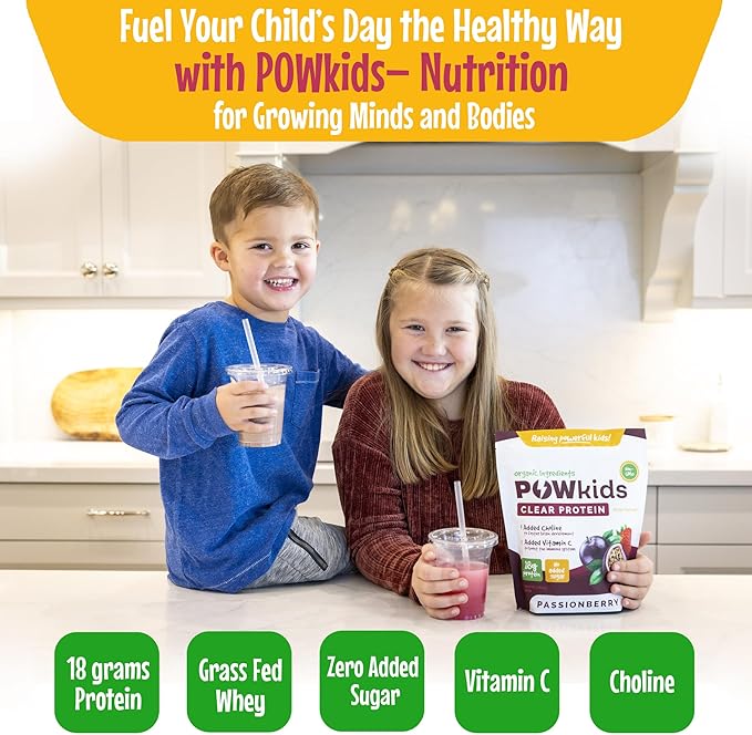 Kids Protein Powder – Zero Sugar, 18g Grass-Fed Whey Proteins, Organic Ingredients – Vitamin C & Choline for Immunity & Brain Development, Teens Shake, 15-45 Servings – Passionberry