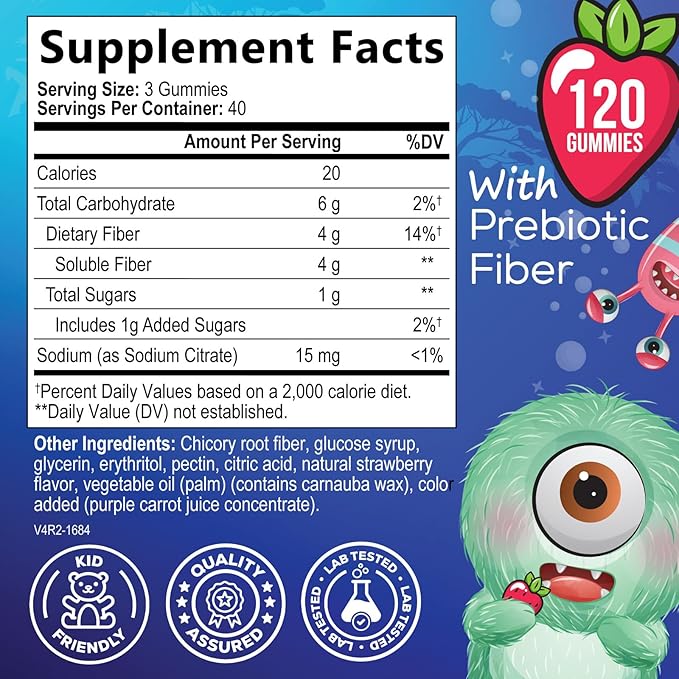 Fiber Gummies for Kids, Daily 4g Gummy Fiber Supplement, Prebiotic Digestive Health Support - Nature's Plant Based Soluble Fiber, Supports Regularity & Digestion for Kids Non-GMO - 120 Gummies