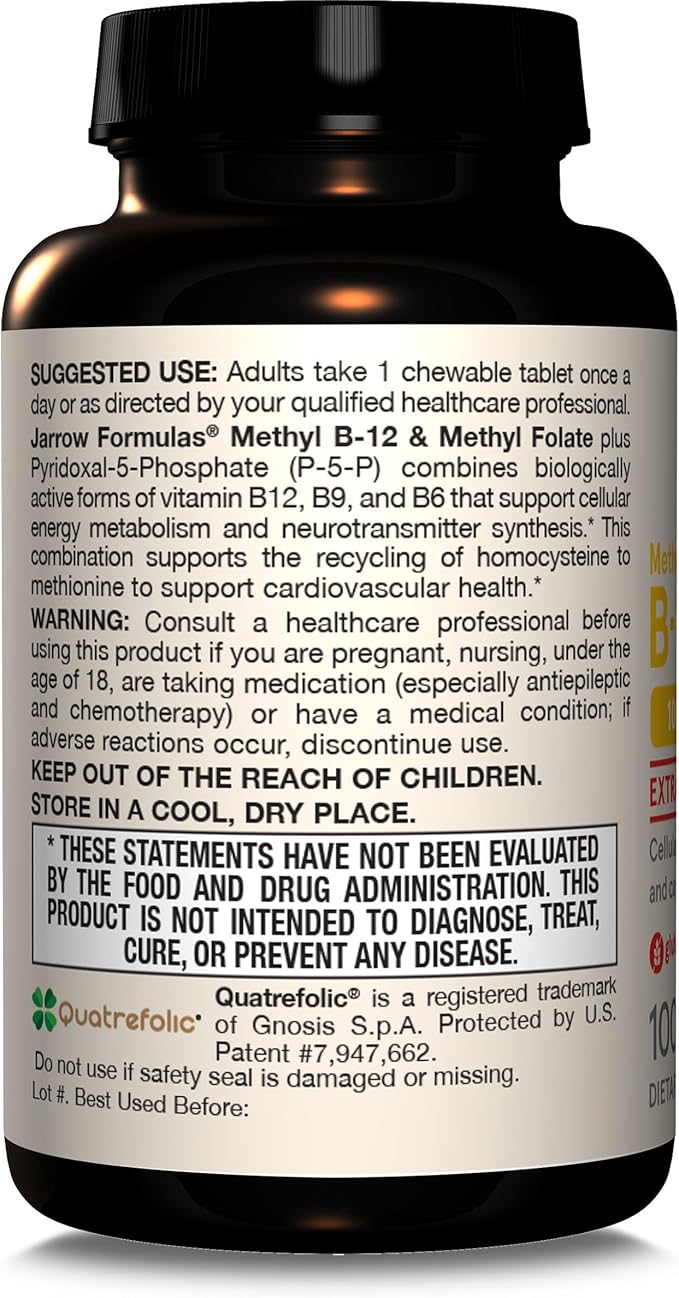 Jarrow Formulas Methyl B-12 1000MCG & Methyl Folate 400MCG,Extra Strength,Cellular Energy Metabolism & Cardiovascular Health Formula(1) With P-5-P,100Chewable Tabs,Up to a 100 Day Suppl,12Packs