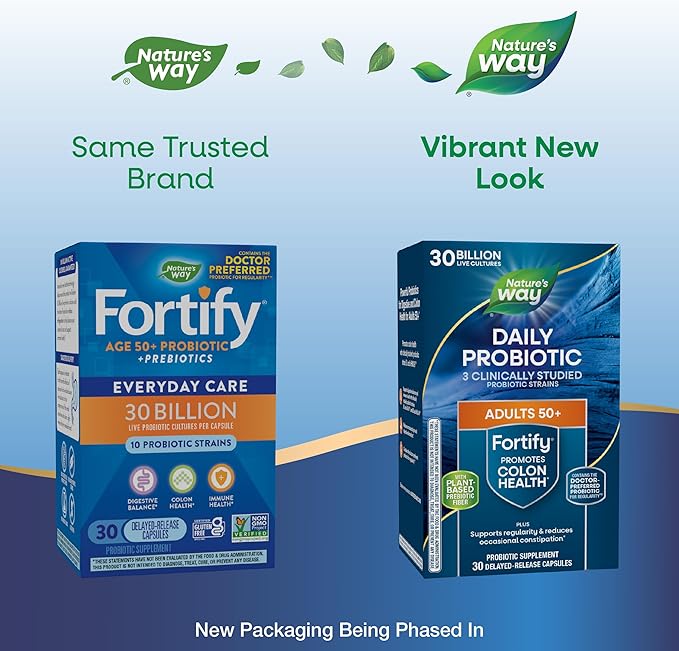 Nature's Way Fortify 50+ Daily Probiotic for Men and Women, 30 Billion Live Cultures, Colon, Digestive, and Immune Health Support* Supplement, 30 Capsules (Packaging May Vary)