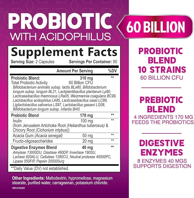 Probiotics 60 Billion CFU per Serving - 10 Strains + Prebiotics - Immune, Digestive & Gut Health Support, Supports Occasional Constipation, Gas & Bloating for Women & Men, Shelf Stable - 180 Capsules