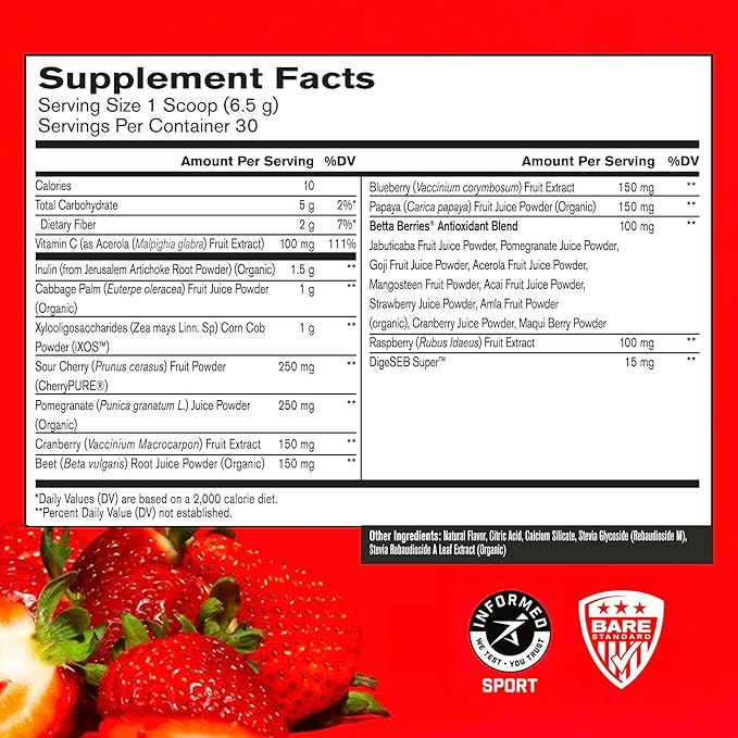 BARE PERFORMANCE NUTRITION, BPN Strong Reds Superfood Powder, Digestive Enzymes, Antioxidants, Improved Natural Energy, 30 Servings, Strawberry