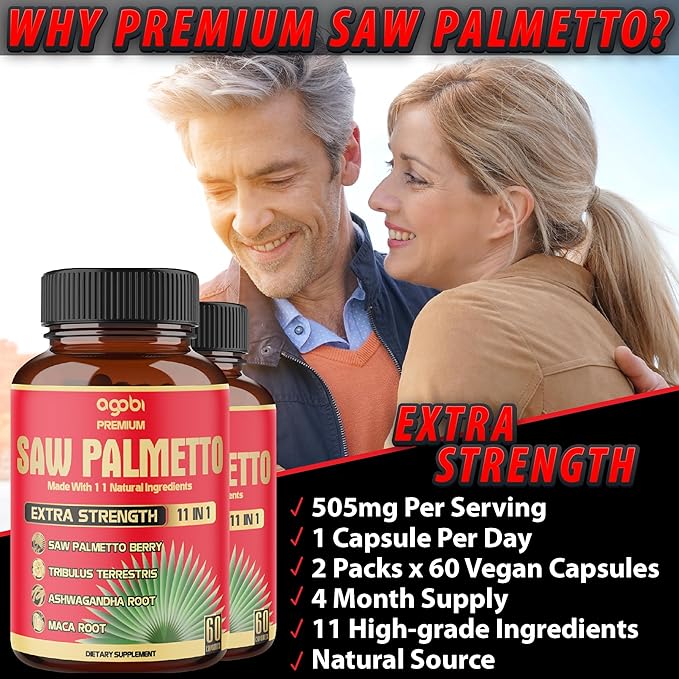 2 Packs 60 Counts 4 Months - Saw Palmetto Capsules 5300 mg - 11in1 with Ashwagandha, Turmeric, Tribulus, Maca, Green Tea, Holy Basil & More - Extract for Prostate, Skin & Immune Support