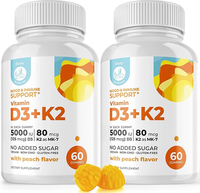 DR. MORITZ Vitamin D3 Gummies (5000 IU) with K2 - for Adults and Kids - Vitamin D3 K2 Gummies for Immune Support & Bone Health - Vegan, Sugar Free, Gluten Free (120 Count)