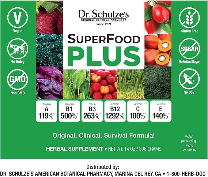 Dr. Schulze's SuperFood Plus | Vitamin and Mineral Herbal Concentrate | Daily Nutrition | Gluten-Free and Non-GMO | Vegan | 14 Ounce Powder | 2-Pack