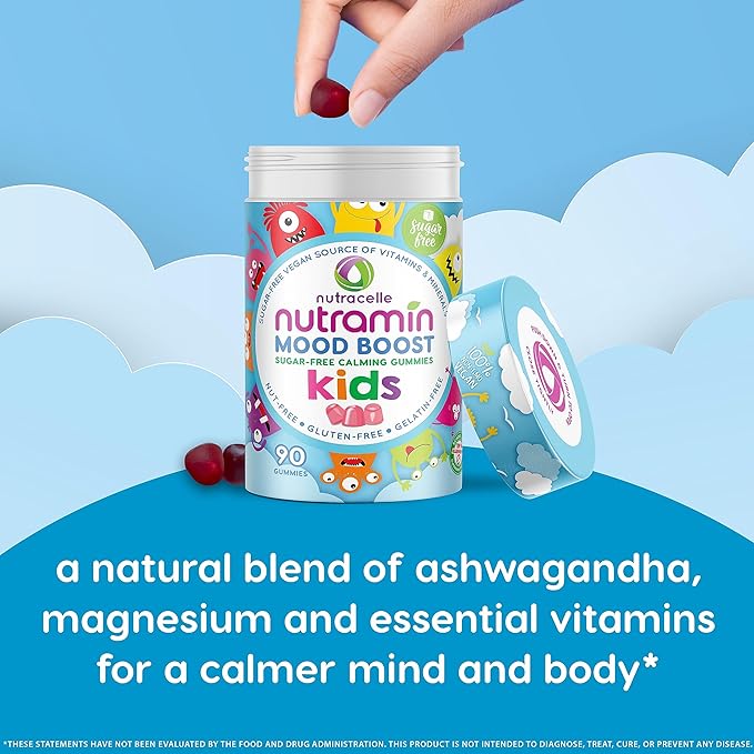 NUTRAMIN Kids Mood Boost Vegam Vitamin Gummy: Calming Magnesium Citrate Supplement for Children with Ashwagandha & Vitamin B Complex to Relax & Focus - Sugar-Free, Allergy-Safe, Non-GMO 90 ct