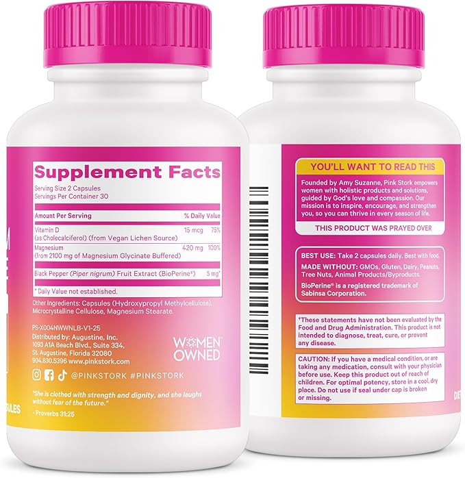 Pink Stork Magnesium Glycinate with Vitamin D - Magnesium Supplement for Women to Support Natural Calm, Mood, and Sleep - Hormone Balance for Women - 60 Capsules, Berry Essence, 1 Month Supply