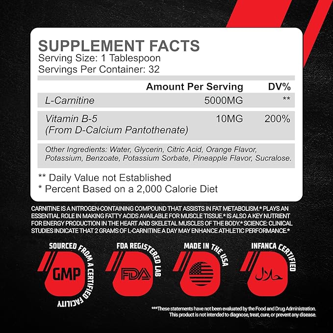 GMU SPORT L-Carnitine Liquid 5000mg Supplement for Metabolic Support - High Potency Liquid Supplement, Supports Weight Management & Muscle Recovery, Increased Endurance & Energy Booster - 30 Servings