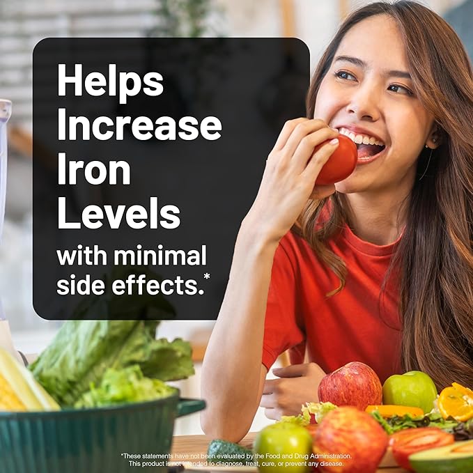 NatureWise Vegan Iron Supplement for Women & Men - Gentle on Stomach High Absorption - Coated Iron Bisglycinate Tablets + Vitamin C, Methyl B12, Folate & Organic Food Blend - 90 Tablets[90-Day Supply]