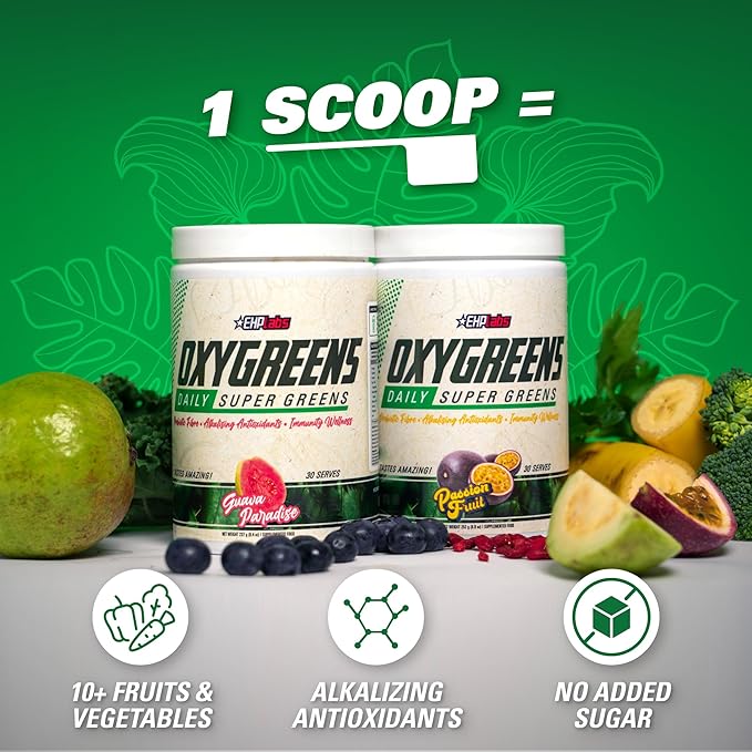 EHP Labs OxyGreens Super Greens Powder - Spirulina & Chlorella Superfood, Green Juice Powder & Greens Supplements with Prebiotic Fibre, Antioxidants & Immunity Support, 30 Serves (Guava Paradise)