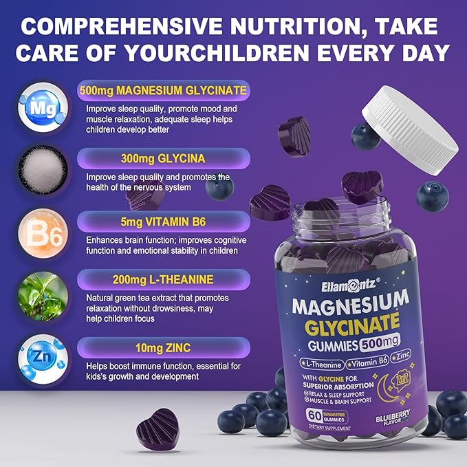 Magnesium Glycinate Gummies 500mg for Adults Kids Teens - Sugar Free Magnesium Calm Sleep Aid Gummies with L-Theanine, B6, Zinc, Glycine for Sleep, Calm, Relax Brain & Muscle Support, No Melatonin