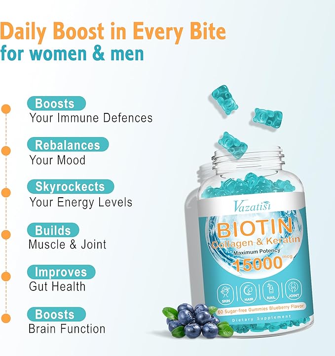 Biotin Gummies for Hair Growth, Hair Skin and Nails Gummies for Women, Collagen Gummies with Vitamin C Zinc for Men - Blueberry Flavor, 60 Gummies