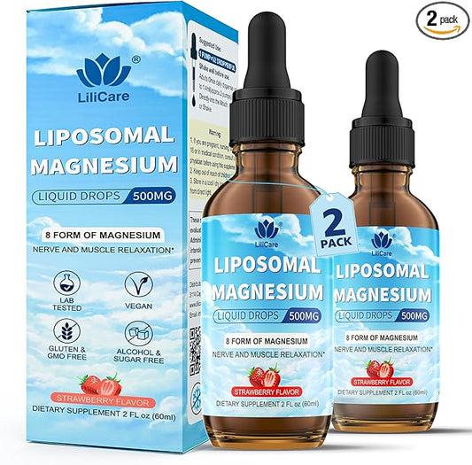 Liposomal Magnesium Glycinate Liquid Drop - With 8 Forms of Magnesium, Ashwagandha, D3 | Liquid Magnesium Supplement 500mg for Kids & Adults, for Calm, Sleep, Muscles & Energy | 2 Pack, 84 Days Supply