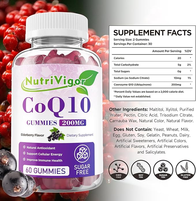 CoQ10 Gummies, Coenzyme Q10 Supplement 200mg, High Absorption CoQ10 Supplement for Cellular Energy and Immune Health, Vegan, Gluten Free, Elderberry Flavor, 60 Count