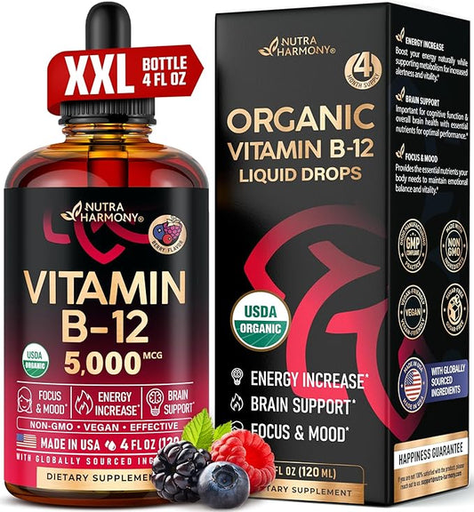 USDA Organic Vitamin B12 Sublingual Drops - 5000 mcg Liquid Vegan Methylcobalamin - Energy Boost, Focus & Mood, Metabolism & Brain Health Support - Maximize Absorption - 4 Month Supply, 4 fl oz
