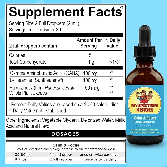 Calm & Focus Supplement Drops - Brain Support with L-theanine, GABA, Huperzine A - Enhance Focus for Kids or Adults - Boost Concentration for Kids & Teens - 2.02 FL oz. (60 ml)