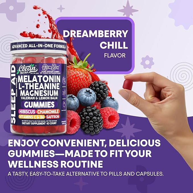 Clean Nutra Melatonin Gummies L Theanine Magnesium Valerian Root Lemon Balm Chamomile Vitamin C Gummy Saffron Sleep Aid Calm Vitamin B6 Stress Relief Hibiscus Relax Mood Happy Supplement Men Women
