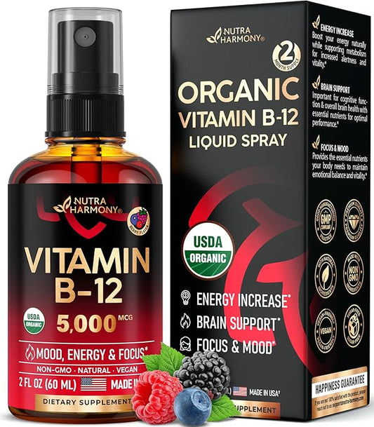 NUTRAHARMONY USDA Organic Vitamin B12 Spray - 5000 mcg Liquid Vegan Methylcobalamin for Women & Men - Energy Boost, Focus & Mood, Brain Health Support - Maximize Absorption - 2 Month Supply, 2 fl oz