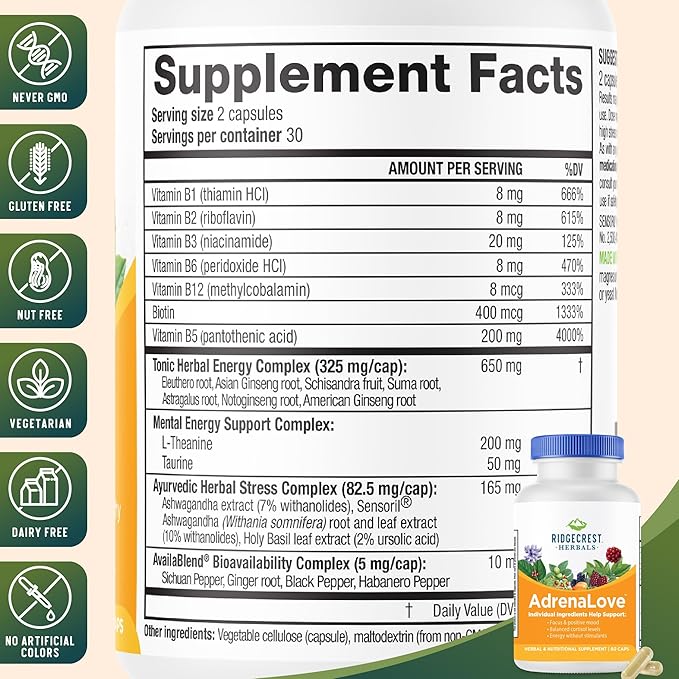 Ridgecrest Herbals AdrenaLove, Stress and Energy Support Supplement with Ashwagandha, L-Theanine, Ginseng, Schisandra, Taurine, Holy Basil, Adaptogens, B Vitamins (60 Vegan Caps, 30 Serv)