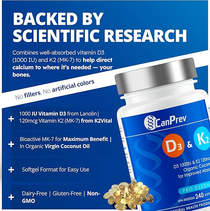 CanPrev D3 & K2 Vitamins 240 Softgels, 240-Day Supply, 1000IU Vitamin D3 & 120mcg K2, Supports Strong Bones, Teeth & Heart Wellness, Easy-to-Absorb with Organic Coconut Oil, No GMO, Gluten, Soy, Dairy