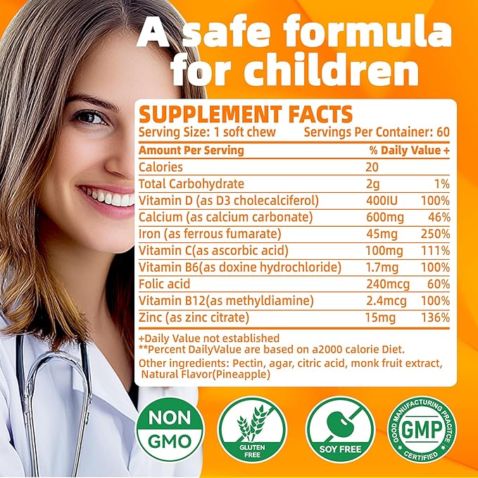 Iron Supplement Chews with Vitamin C for Women Men and Kids, Natural Vegan Iron Soft Chew with Vitamin B6,B12,D, Calcium & Zinc - Energy Support, 60 Orange SoftChews,2 Month Supply