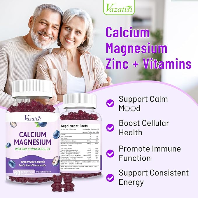 Calcium Magnesium Zinc Gummies with Vitamin D3 & B12, Sugar Free Calcium Supplements for Women Men, Support Immunity, Vegan Blueberry Flavor