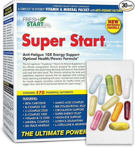 Super Start Complete Daily Vitamin Pack | 10X Energy & Stamina Booster, Muscle Support | Vitamin A, B, C, D, E, B12, Minerals, Amino Acids, Bee Pollen, Ashwagandha, Panax Ginseng (30 Packets)