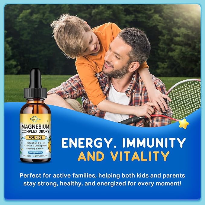 Kids Magnesium Liquid Drops - Magnesium Glycinate Liquid for Kids, L-Threonate Supplement with L-Theanine, Calcium, Zinc, Vitamin D3 K2 for Sleep Calm Relaxation Brain Bones, Pineapple Flavor 2 Fl Oz