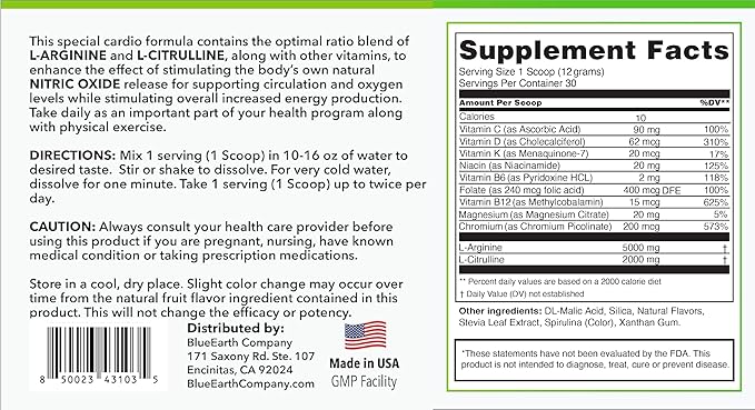 L-Arginine 5000mg + L-Citrulline 2000mg Complex Powder Supplement Drink Mix - Nitric Oxide Booster for Heart Health, Blood Flow & Energy - 30 Servings (Green Apple)
