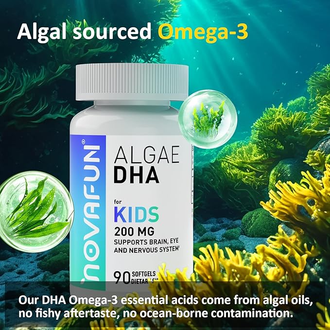 Algal Sourced Omega-3 & DHA Softgels for Kids, Brain, Eye and Heart Health, Cognitive & Immune Function, Learning, Social Development - Non-GMO - 200 mg - 45 Day Supply - 90 ct