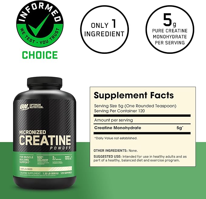 Optimum Nutrition Micronized Creatine Monohydrate Powder, Unflavored, Keto Friendly, 120 Servings (Packaging May Vary)