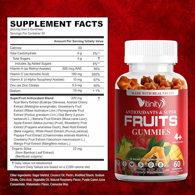 Made with Real Super Fruits Delicious Gummy Supplement,Men,Women & Kids(60 Chews),9 Superfruits,Fruit & Herbs,Superfruits Vitamins,Non-GMO,Pectin-Based,Gluten-Free,No More Pills-30 Day Supply