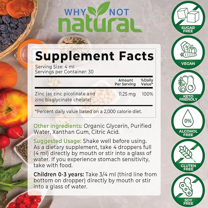 Organic Liquid Zinc Drops Supplement with Chelated Picolinate and Bisglycinate, Vegan