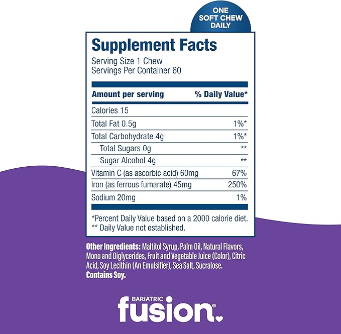 Bariatric Fusion Iron Supplement for Women Anemia | Chewable Iron with Vitamin C | Grape Flavored Soft Chew | Gentle on Stomach Ferrous Fumarate for Women and Men | Gluten Free | 60 Count
